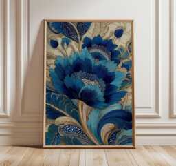 Blue Floral Art Deco Poster, Elegant Botanical Wall Art, Luxury Gold Flower Print - thumbnail 1