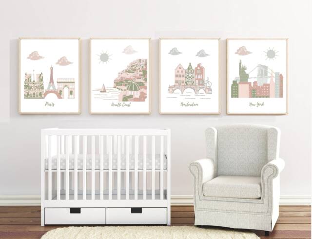 Travel Nursery Wall Art Prints, Paris, Amalfi Coast, New York - Set Of 4 - image 1