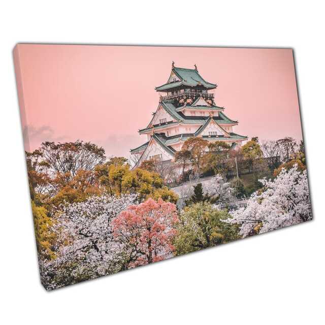 Osaka Castle Sunset Canvas Wall Art Cherry Blossom Trees Japanese Temple Decor - image 1