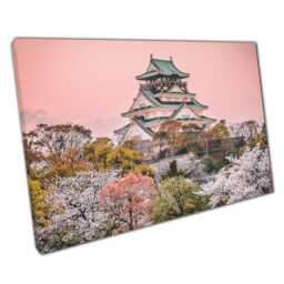 Osaka Castle Sunset Canvas Wall Art Cherry Blossom Trees Japanese Temple Decor - thumbnail 1
