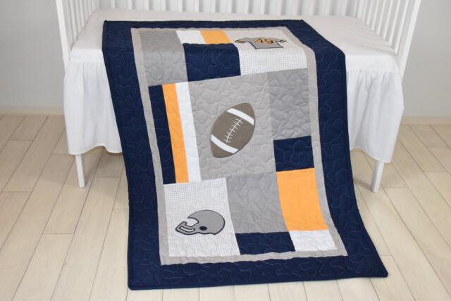 Football Blanket, Baby Boy Sports Crib Bedding, Gray Navy Yellow Comforter, Nursery - image 1