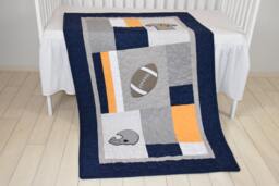 Football Blanket, Baby Boy Sports Crib Bedding, Gray Navy Yellow Comforter, Nursery - thumbnail 1