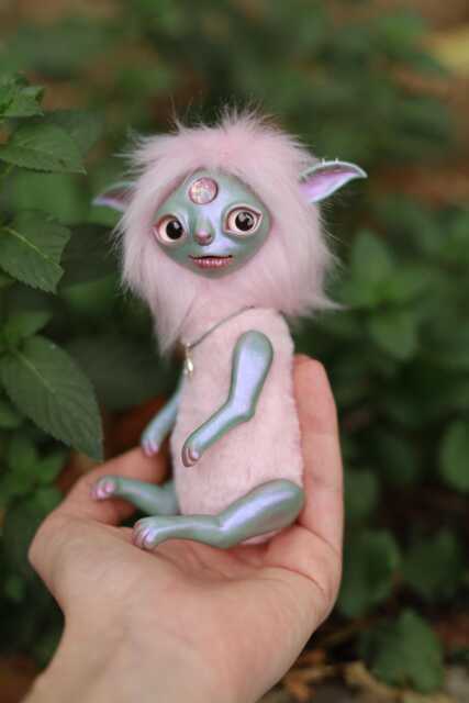 Celeste - Whimsical Elf, Magical Creature, Plush Toy, Mixed Media Doll, Polymer Clay Pink Elf Figurine - image 1