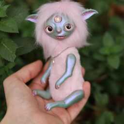 Celeste - Whimsical Elf, Magical Creature, Plush Toy, Mixed Media Doll, Polymer Clay Pink Elf Figurine - thumbnail 2