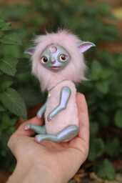 Celeste - Whimsical Elf, Magical Creature, Plush Toy, Mixed Media Doll, Polymer Clay Pink Elf Figurine