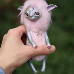 Celeste - Whimsical Elf, Magical Creature, Plush Toy, Mixed Media Doll, Polymer Clay Pink Elf Figurine - thumbnail 3
