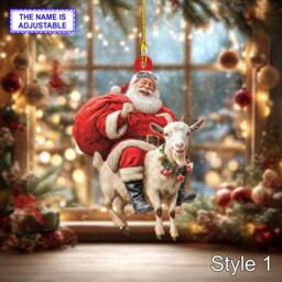 Santa Riding Mountain Goat Acrylic 2D Flat Christmas Ornament, Festive Tree Hanging Holiday Decoration, Goat Gift