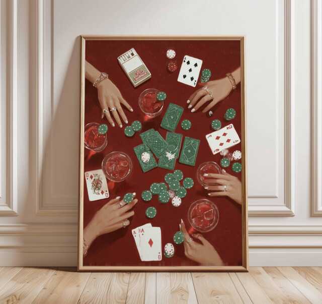 Poker Night Art Print, Dark Academia Game Room Decor, Maximalist Casino Poster, Retro Card Player Gift, Red Wall - image 1