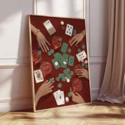 Poker Night Art Print, Dark Academia Game Room Decor, Maximalist Casino Poster, Retro Card Player Gift, Red Wall - thumbnail 2