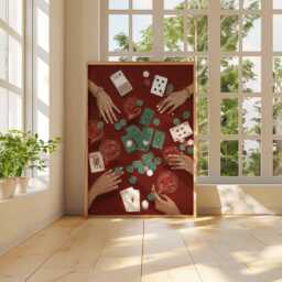 Poker Night Art Print, Dark Academia Game Room Decor, Maximalist Casino Poster, Retro Card Player Gift, Red Wall - thumbnail 3