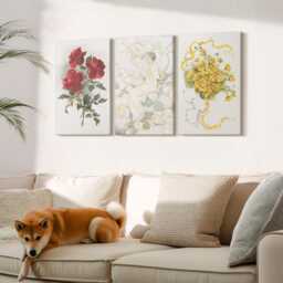 Canvas Set Of 3 Wall Art - Red Roses, White Figure, Yellow Flowers in A Vase, Creamy Art, Plants & Hanging Piece - thumbnail 1