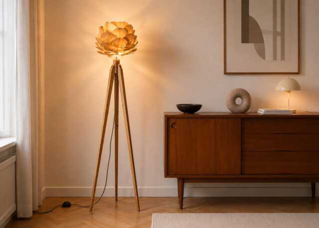 Tripod Floor Lamp Retro 60-70 Design Wood Flower Standard Lamp Oak Or Beech Artichoke - image 1