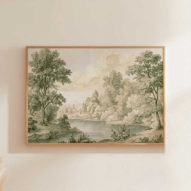 Woodland Lake Poster, Green Nature Print, Botanical Wall Art, Paper - image 1
