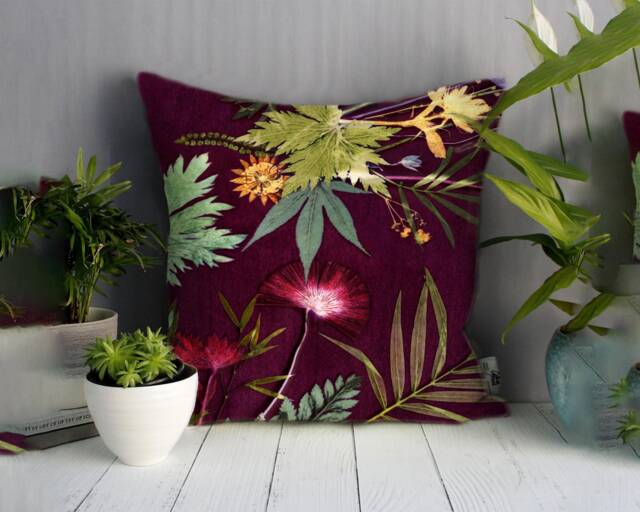 Handmade Velvet Botanical Pillow - Burgundy Interior Sofa Cushion Perfect Home Decor Tropical Wine Design Compliments Interiors - image 1
