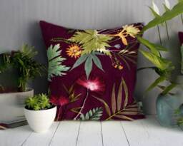 Handmade Velvet Botanical Pillow - Burgundy Interior Sofa Cushion Perfect Home Decor Tropical Wine Design Compliments Interiors