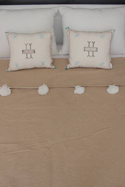 Moroccan Beige Pom Blanket Throw, With White Tassels, Cotton Throw, Handwoven On A Wooden Loom. Bohemian Berber Comforter Bedding - image 1