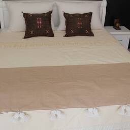 Moroccan Beige Pom Blanket Throw, With White Tassels, Cotton Throw, Handwoven On A Wooden Loom. Bohemian Berber Comforter Bedding - thumbnail 3
