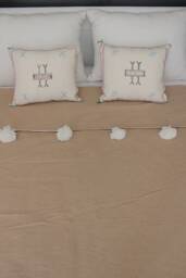 Moroccan Beige Pom Blanket Throw, With White Tassels, Cotton Throw, Handwoven On A Wooden Loom. Bohemian Berber Comforter Bedding - thumbnail 1