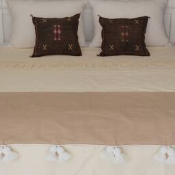 Moroccan Beige Pom Blanket Throw, With White Tassels, Cotton Throw, Handwoven On A Wooden Loom. Bohemian Berber Comforter Bedding - thumbnail 2