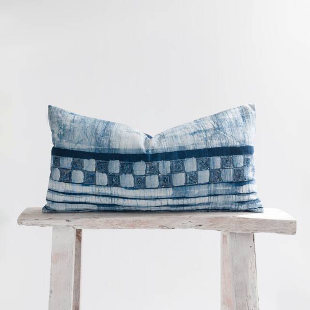 Hmong Hill Tribe Indigo Batik Lumbar Pillow Cover - Handwoven Rustic Cushion - image 1