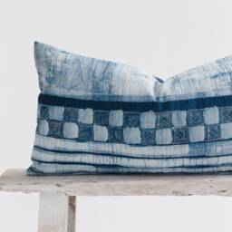 Hmong Hill Tribe Indigo Batik Lumbar Pillow Cover - Handwoven Rustic Cushion - thumbnail 2
