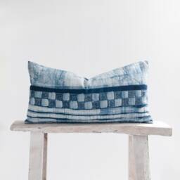 Hmong Hill Tribe Indigo Batik Lumbar Pillow Cover - Handwoven Rustic Cushion - thumbnail 1