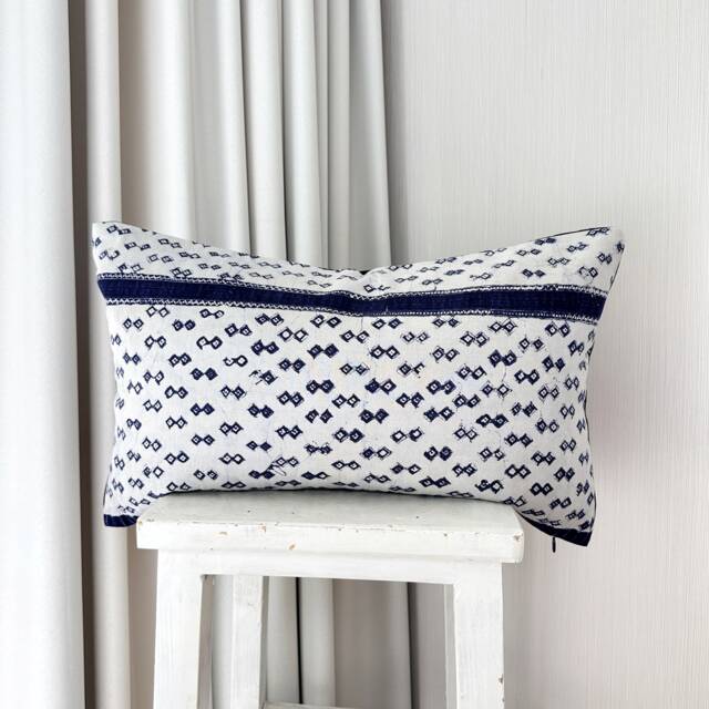 Vintage Hmong Pillow Cover Indigo Block Print, Ethnic Textile - 12x20 - image 1