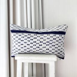 Vintage Hmong Pillow Cover Indigo Block Print, Ethnic Textile - 12x20 - thumbnail 1