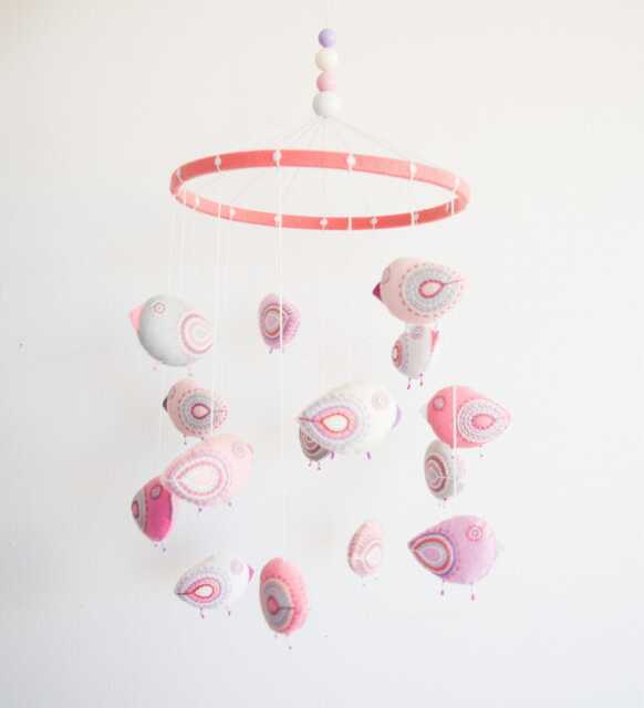 Pastel Bird Crib Mobile Embroidered Felt, Pink Nursery Decor - image 1