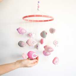 Pastel Bird Crib Mobile Embroidered Felt, Pink Nursery Decor - thumbnail 4