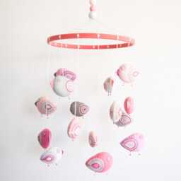 Pastel Bird Crib Mobile Embroidered Felt, Pink Nursery Decor - thumbnail 2