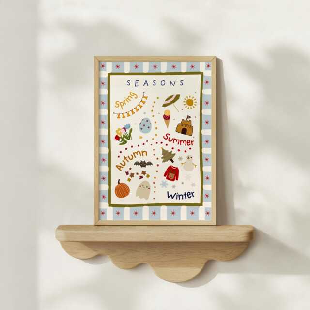 Bright Kids Educational Seasons Print With Block Border. Gender Neutral Wall Art For A Playroom, Nursery Or Child's Room - Print Only
