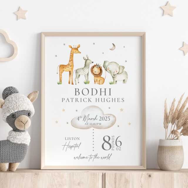 New Baby Gift, Neutral Personalised Baby Gift, Birth Keepsake Print, Stat Print, Nursery Print Safari, Jungle Decor - image 1