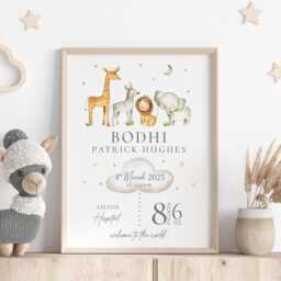 New Baby Gift, Neutral Personalised Baby Gift, Birth Keepsake Print, Stat Print, Nursery Print Safari, Jungle Decor - thumbnail 1