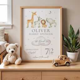 New Baby Gift, Neutral Personalised Baby Gift, Birth Keepsake Print, Stat Print, Nursery Print Safari, Jungle Decor - thumbnail 2