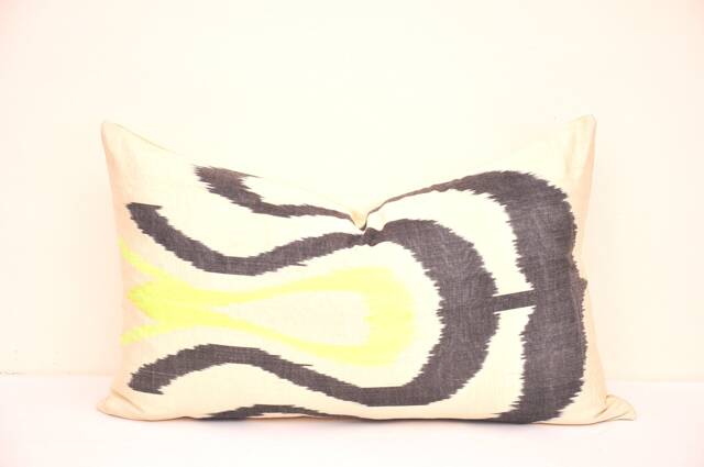 Handloom Ikat Lumbar Pillow, Cornsilk Cotton Cushion, Boho Chic - image 1