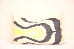 Handloom Ikat Lumbar Pillow, Cornsilk Cotton Cushion, Boho Chic - thumbnail 1