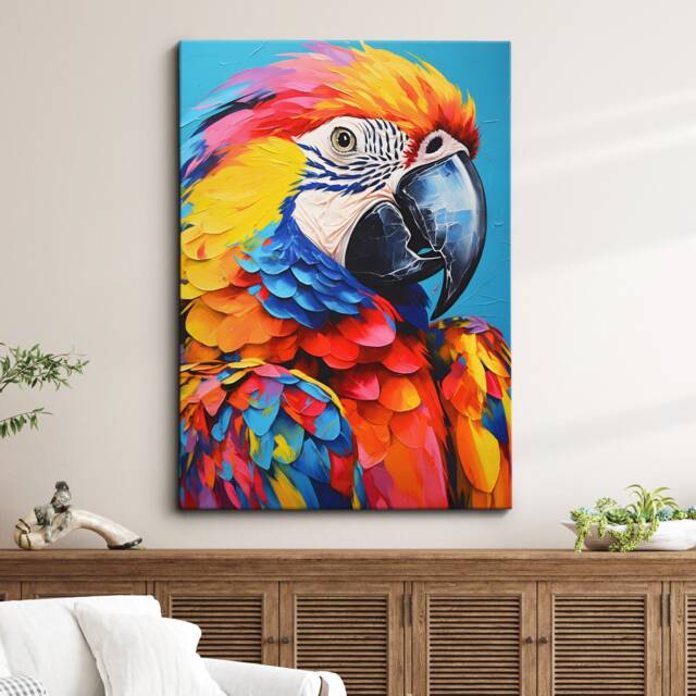 Colorful Parrot Animal Abstract Oil Painting Splatter Style Wall Art, Framed Canvas Poster Print, Home Kitchen Office Room Decor, Gifts - image 1