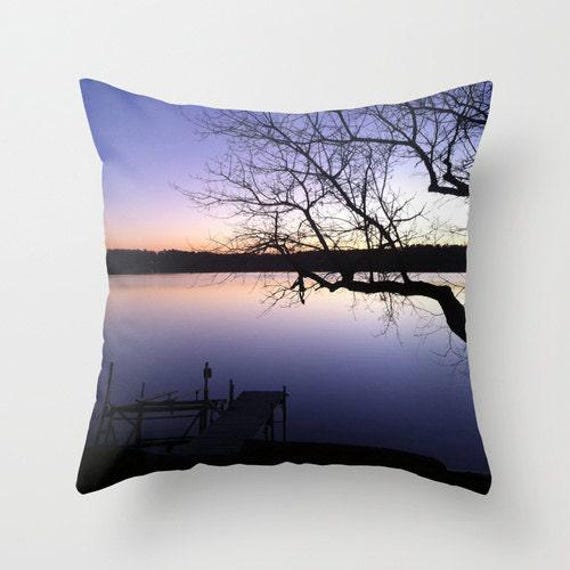 Sunset On The Lake, Pillow Or Cover , Home Decoration, Orange, Purple, Landscape, Sky, Tree, Modern Design - image 1