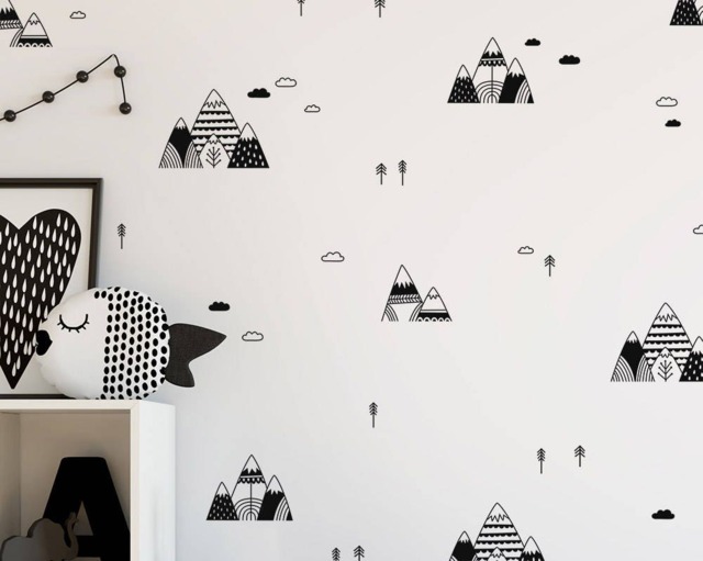 Mountain Wall Decals - Scandinavian Style Decals, Tree Cloud Vinyl Nursery Kids Bedroom - image 1