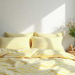 Yellow Stripe Cotton Bedding Set 1 Duvet Cover & 2 Pillowcases Soft Checkered Cozy Bedroom Decor - thumbnail 3
