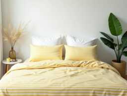 Yellow Stripe Cotton Bedding Set 1 Duvet Cover & 2 Pillowcases Soft Checkered Cozy Bedroom Decor