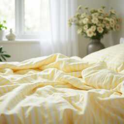 Yellow Stripe Cotton Bedding Set 1 Duvet Cover & 2 Pillowcases Soft Checkered Cozy Bedroom Decor - thumbnail 4