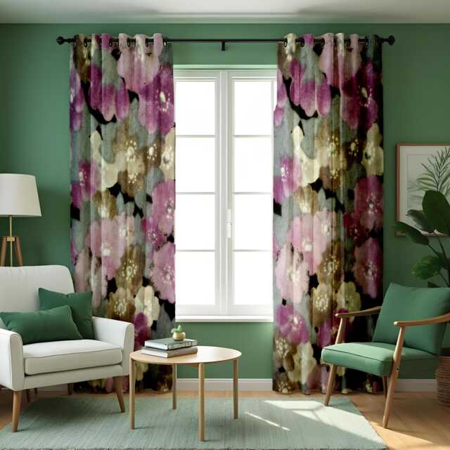 Watercolor Floral Eyelet Curtains, Moody Purple & Taupe Abstract Flower Print Drapes, Botanical Window Treatment, Custom Length Panels - image 1