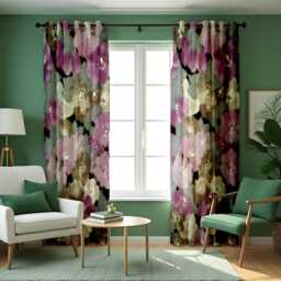 Watercolor Floral Eyelet Curtains, Moody Purple & Taupe Abstract Flower Print Drapes, Botanical Window Treatment, Custom Length Panels