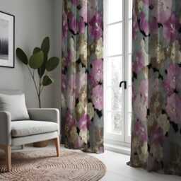 Watercolor Floral Eyelet Curtains, Moody Purple & Taupe Abstract Flower Print Drapes, Botanical Window Treatment, Custom Length Panels - thumbnail 2