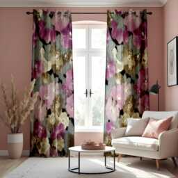Watercolor Floral Eyelet Curtains, Moody Purple & Taupe Abstract Flower Print Drapes, Botanical Window Treatment, Custom Length Panels - thumbnail 3