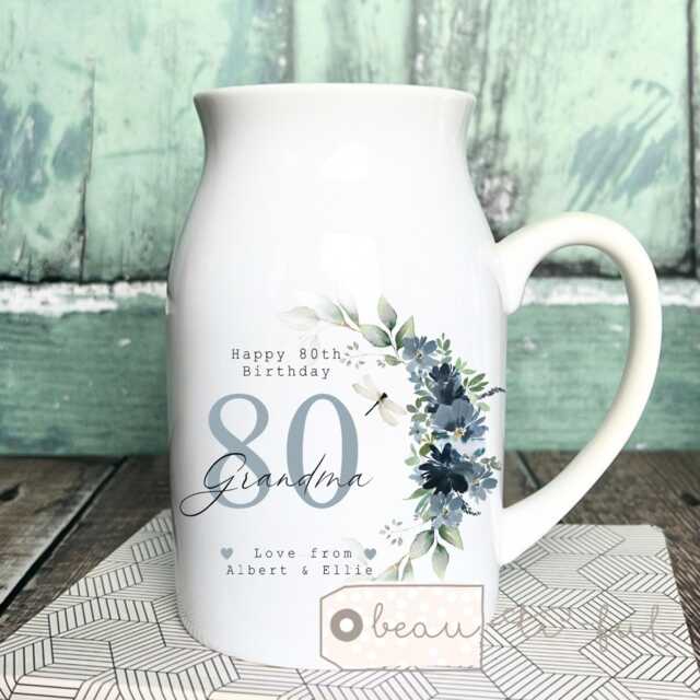 Personalised Birthday Gift Special Milestone 21 30 40 50 60 70 Any Age Blue Floral Ceramic Small Vase Jug Mug Mum Grandma - image 1