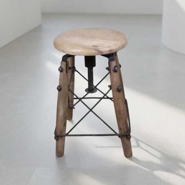 Industrial Adjustable Stool Mango Wood Bar Vintage Style Kitchen Office Seat Iron Base - image 1