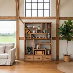 Rustic Extra Large Bookcase With Drawers, Solid Wood Shelving Unit